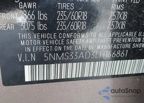 2020 Hyundai Santa Fe Sel z USA, uszkodzony, nr VIN 5NMS33AD3LH166861